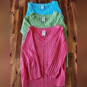 Three (3) Women's Cable Knit Sweaters - Coral, Green, Turquoise. Size M.